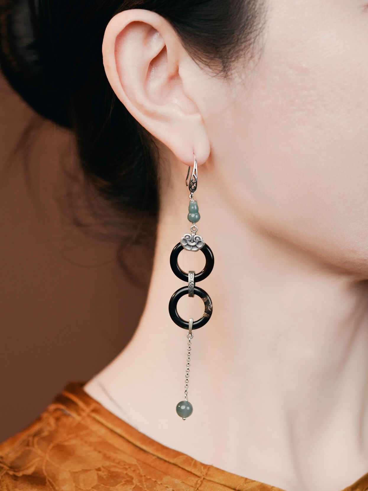 【Liang Yi】Zen Protection Earrings – Yin Yang Ox Horn Hoops with Lucky Jade & Ruyi Silver Pendant (Boho Chic