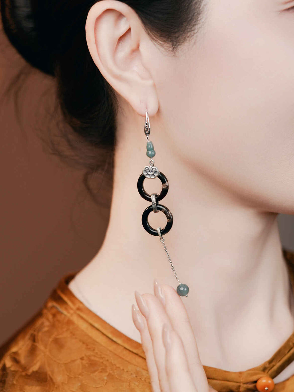 【Liang Yi】Zen Protection Earrings – Yin Yang Ox Horn Hoops with Lucky Jade & Ruyi Silver Pendant (Boho Chic