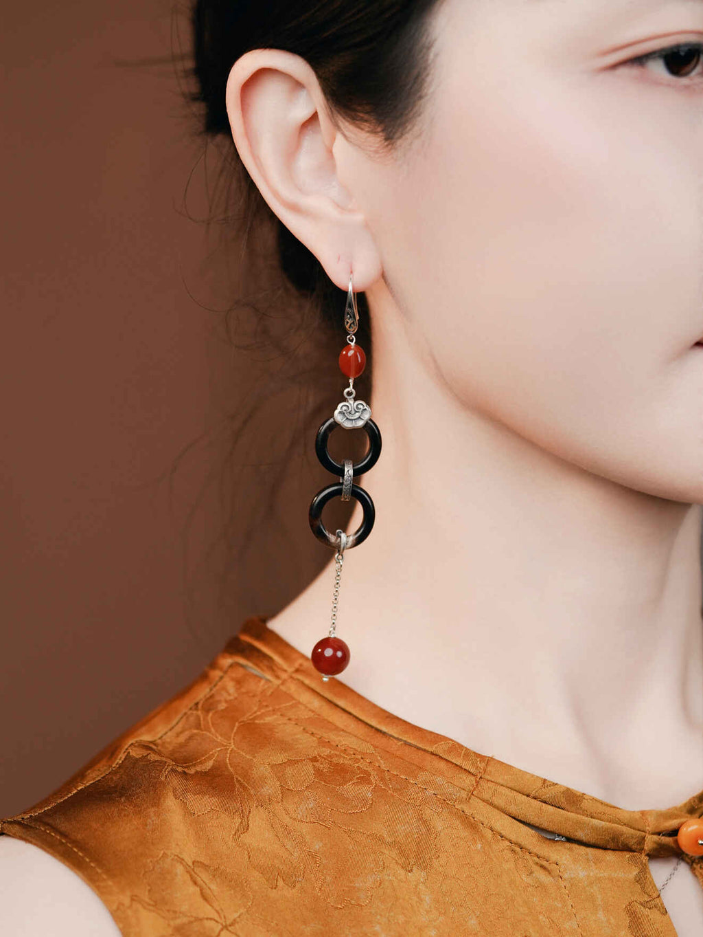 【Liang Yi】Zen Protection Earrings – Yin Yang Ox Horn Hoops with Lucky Jade & Ruyi Silver Pendant (Boho Chic