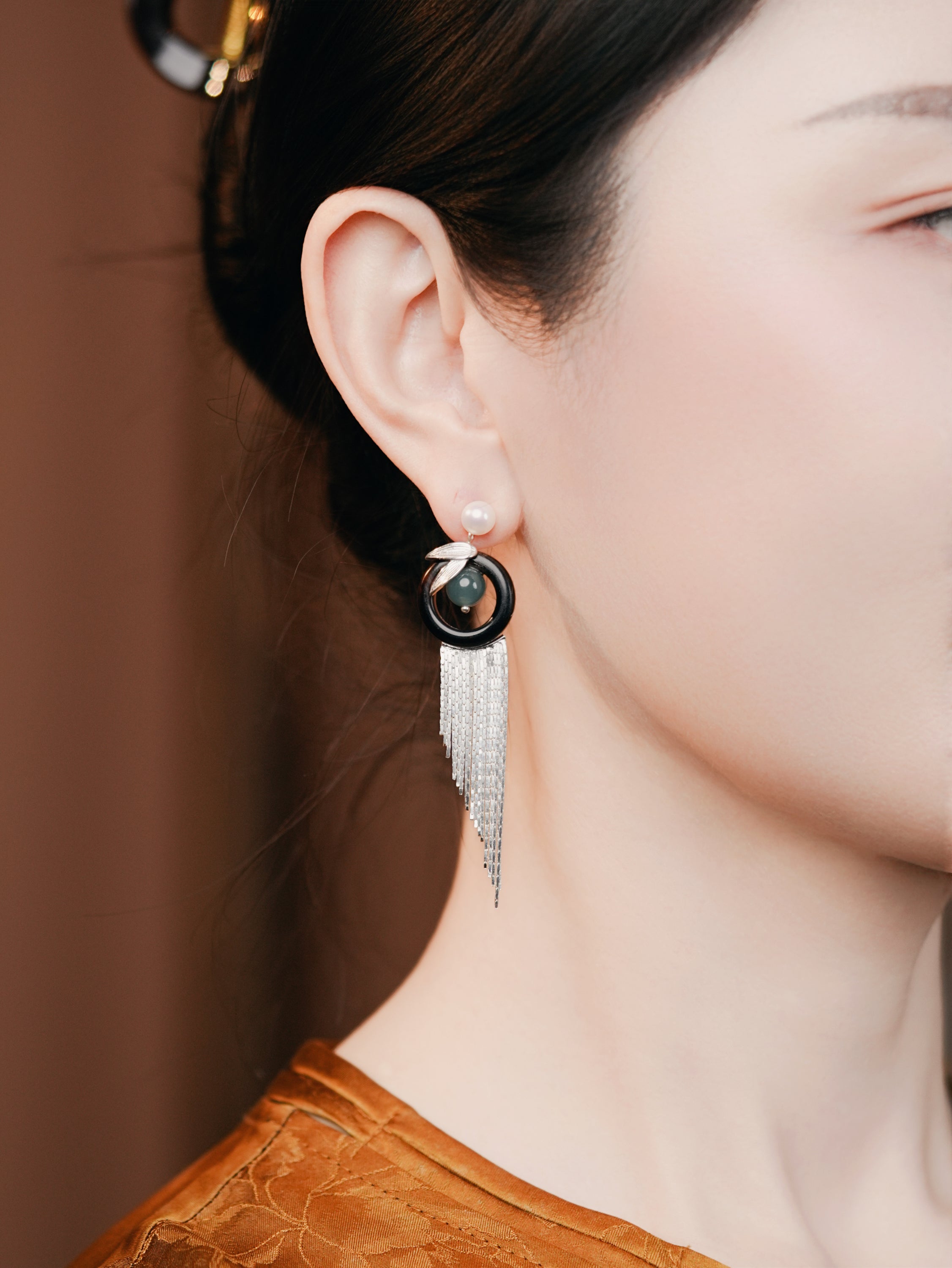 【Luo’s Grace】Original Hoop Horn Drop Tassel Pearl & Jadeite Earrings