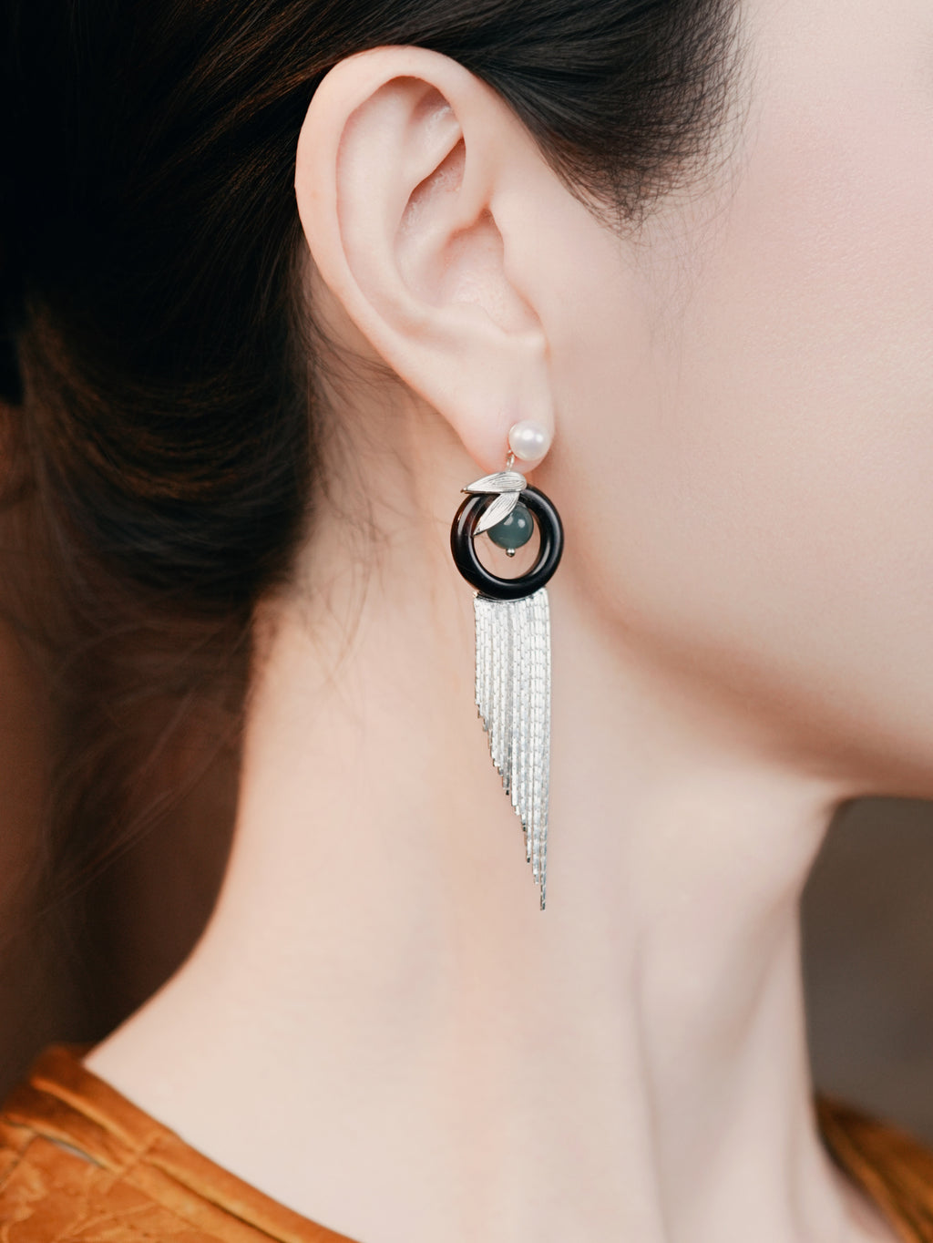 【Luo’s Grace】Original Hoop Horn Drop Tassel Pearl & Jadeite Earrings