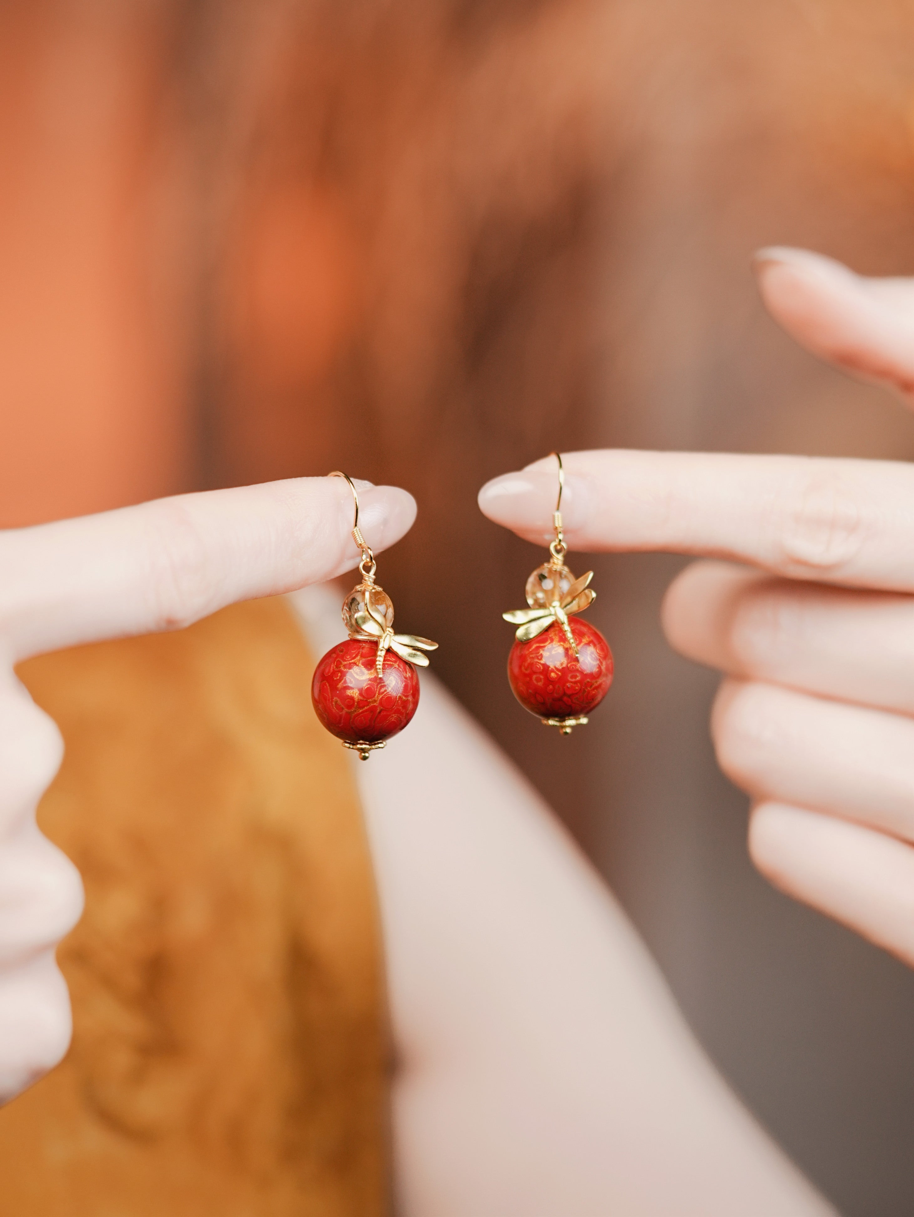 【Summer】Red Lacquer Bead Earrings with Gold Dragonflies