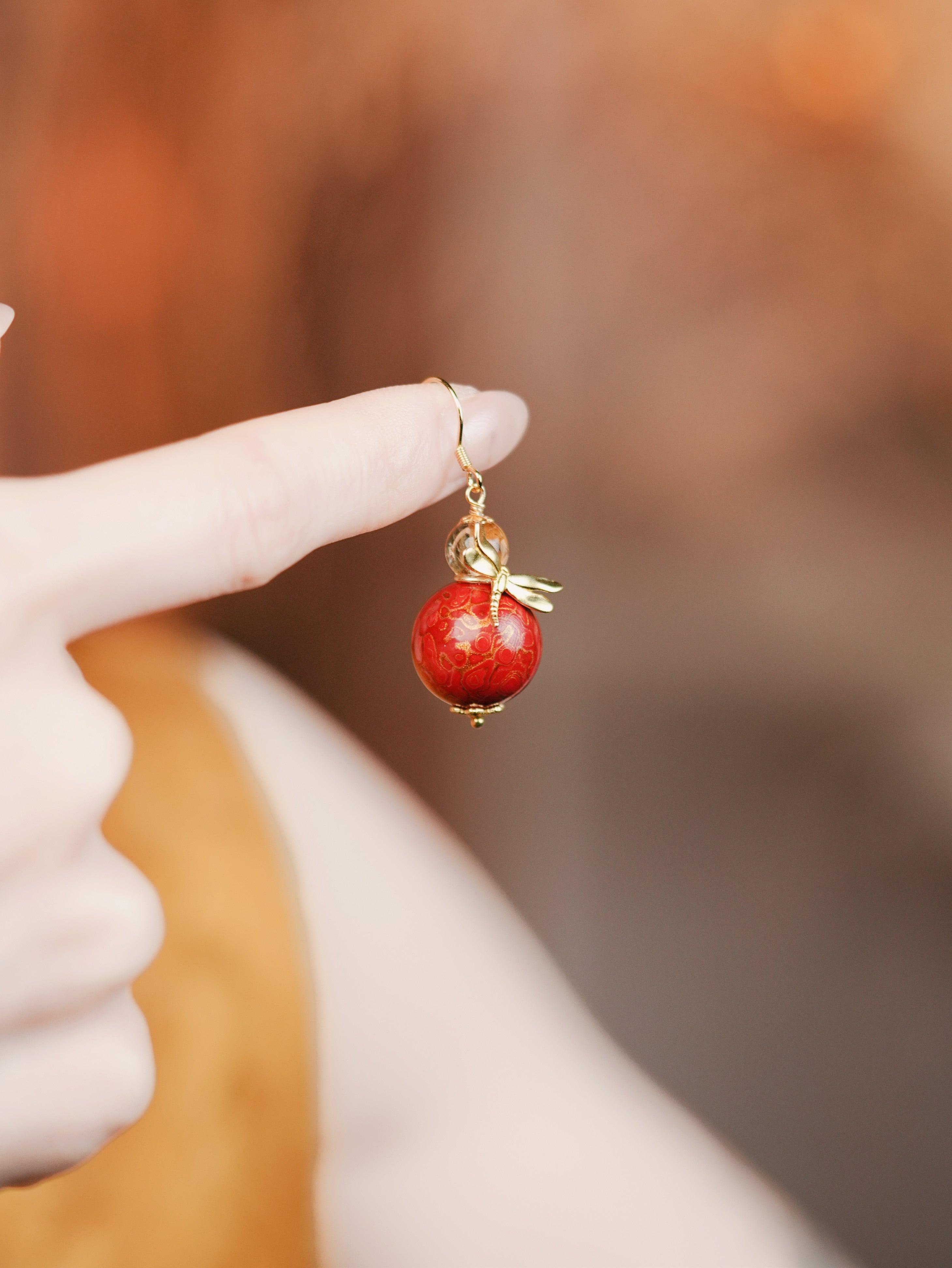 【Summer】Red Lacquer Bead Earrings with Gold Dragonflies
