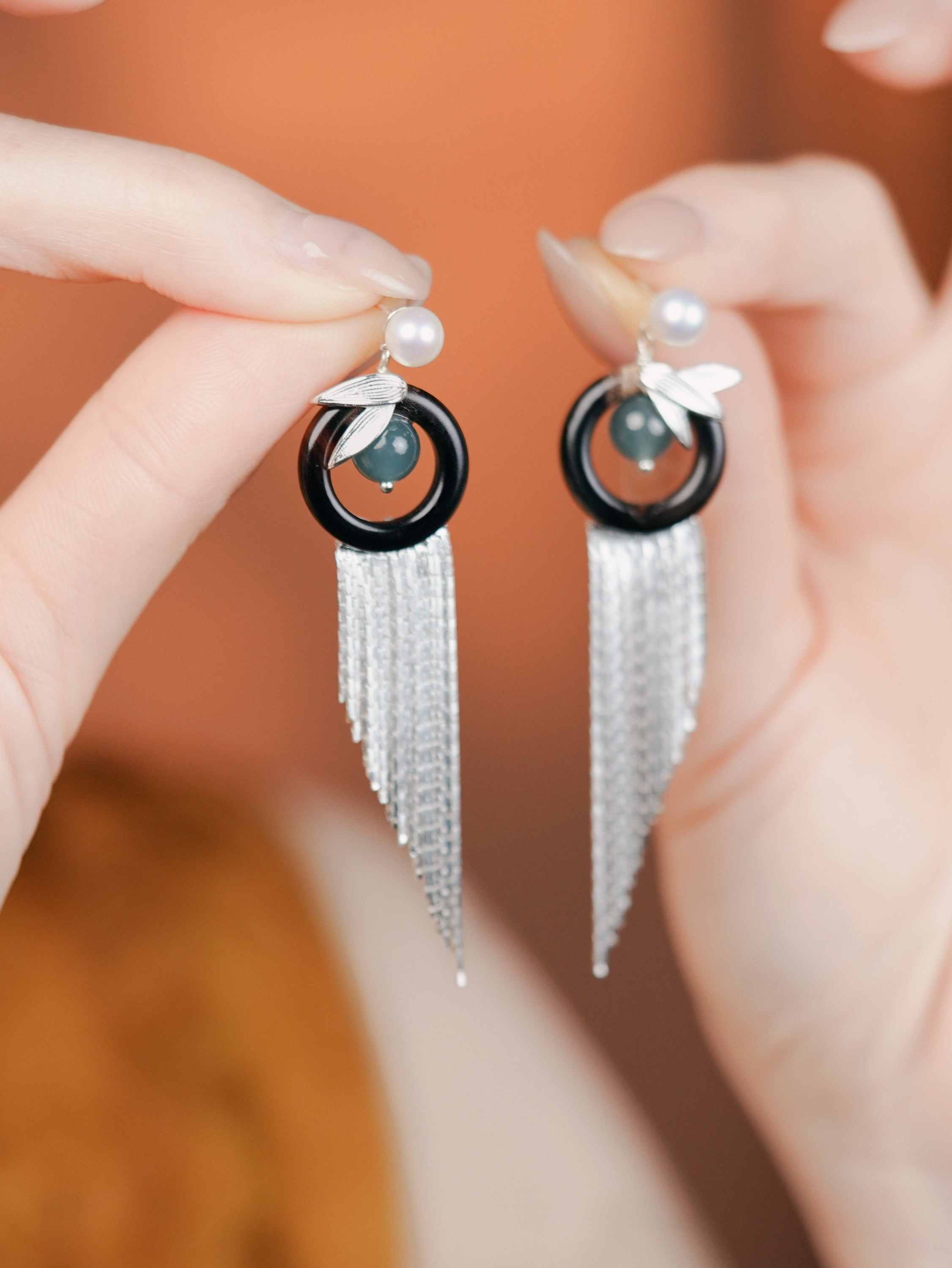 【Luo’s Grace】Original Hoop Horn Drop Tassel Pearl & Jadeite Earrings