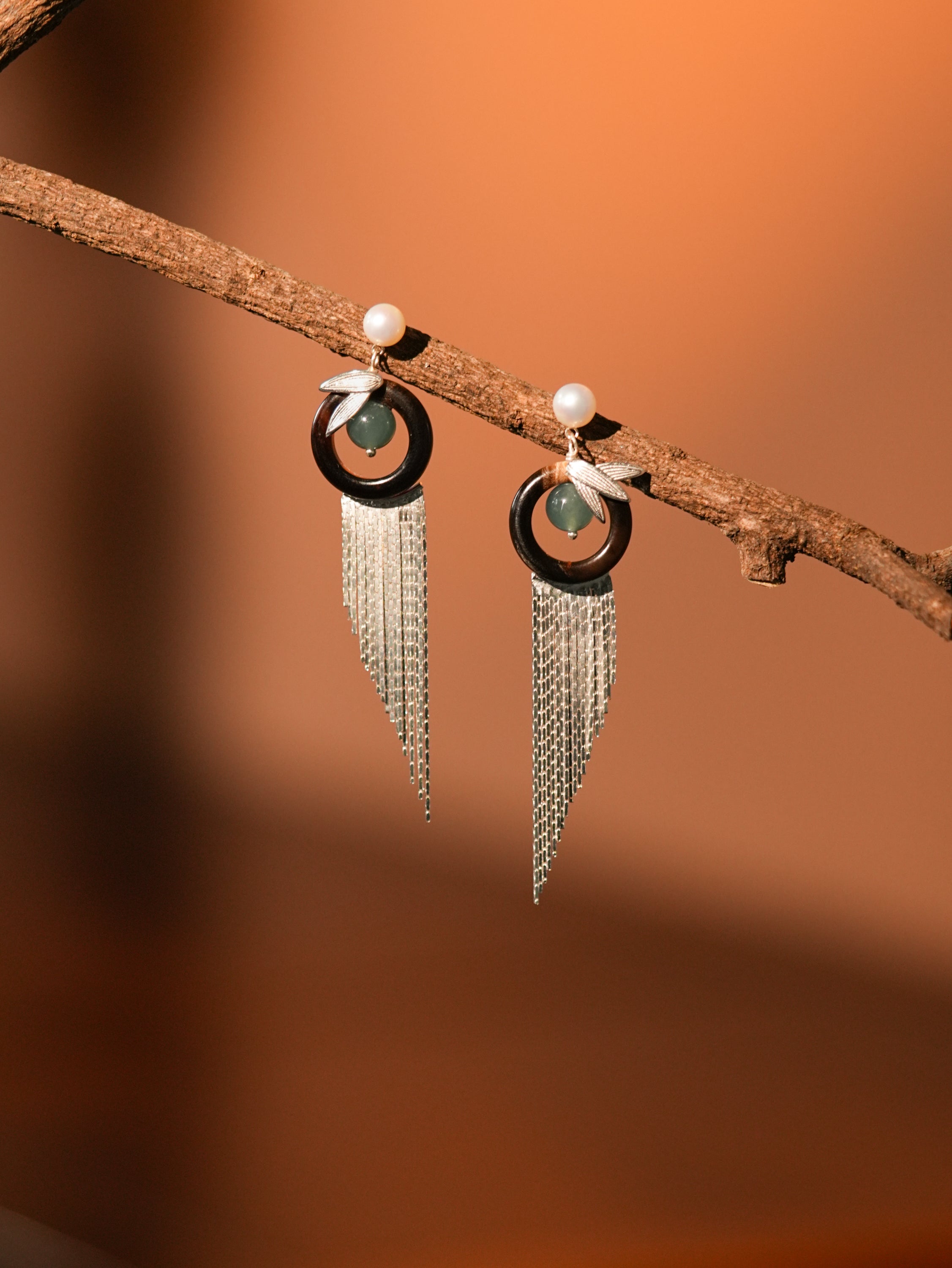 【Luo’s Grace】Original Hoop Horn Drop Tassel Pearl & Jadeite Earrings
