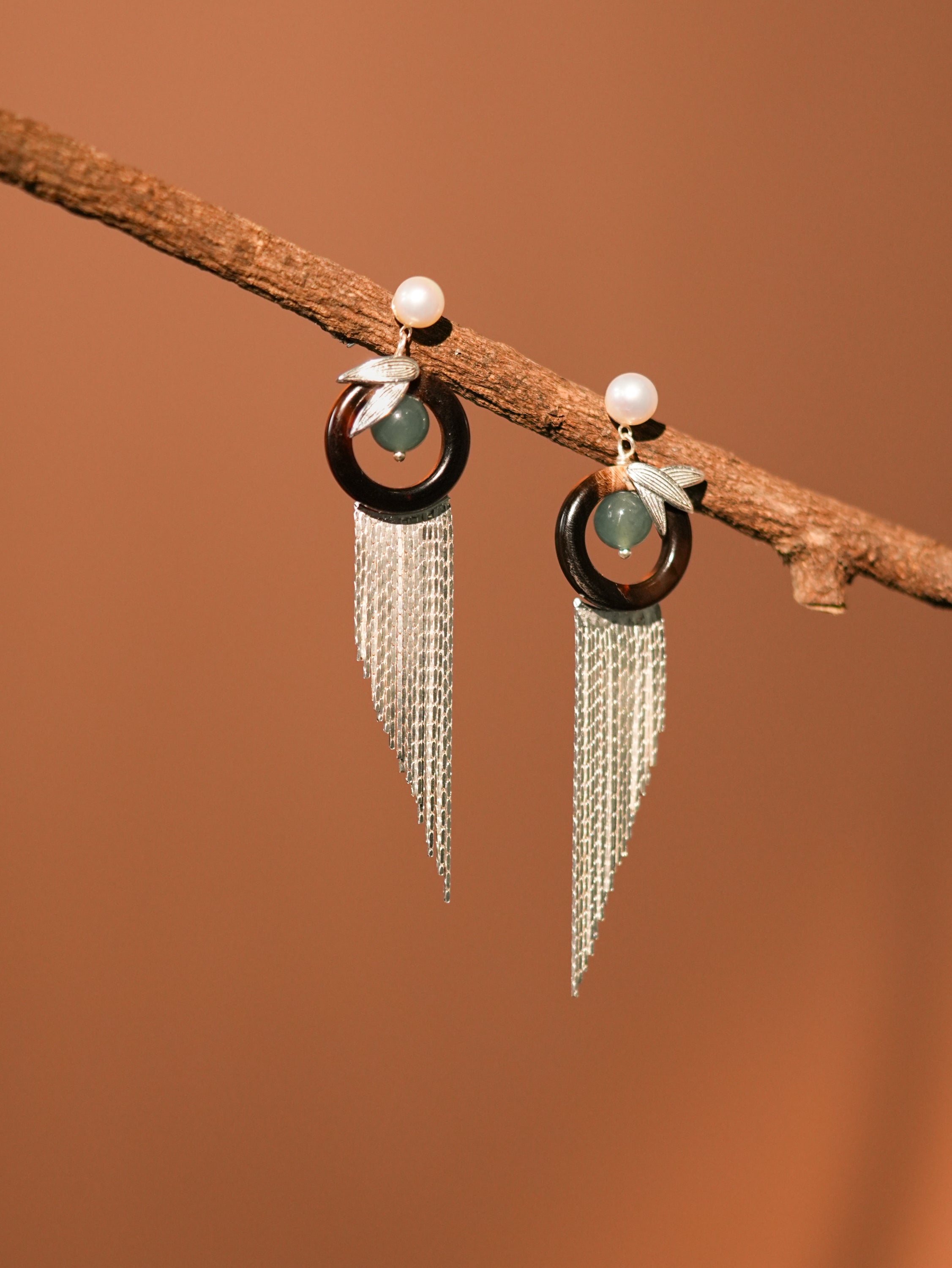 【Luo’s Grace】Original Hoop Horn Drop Tassel Pearl & Jadeite Earrings